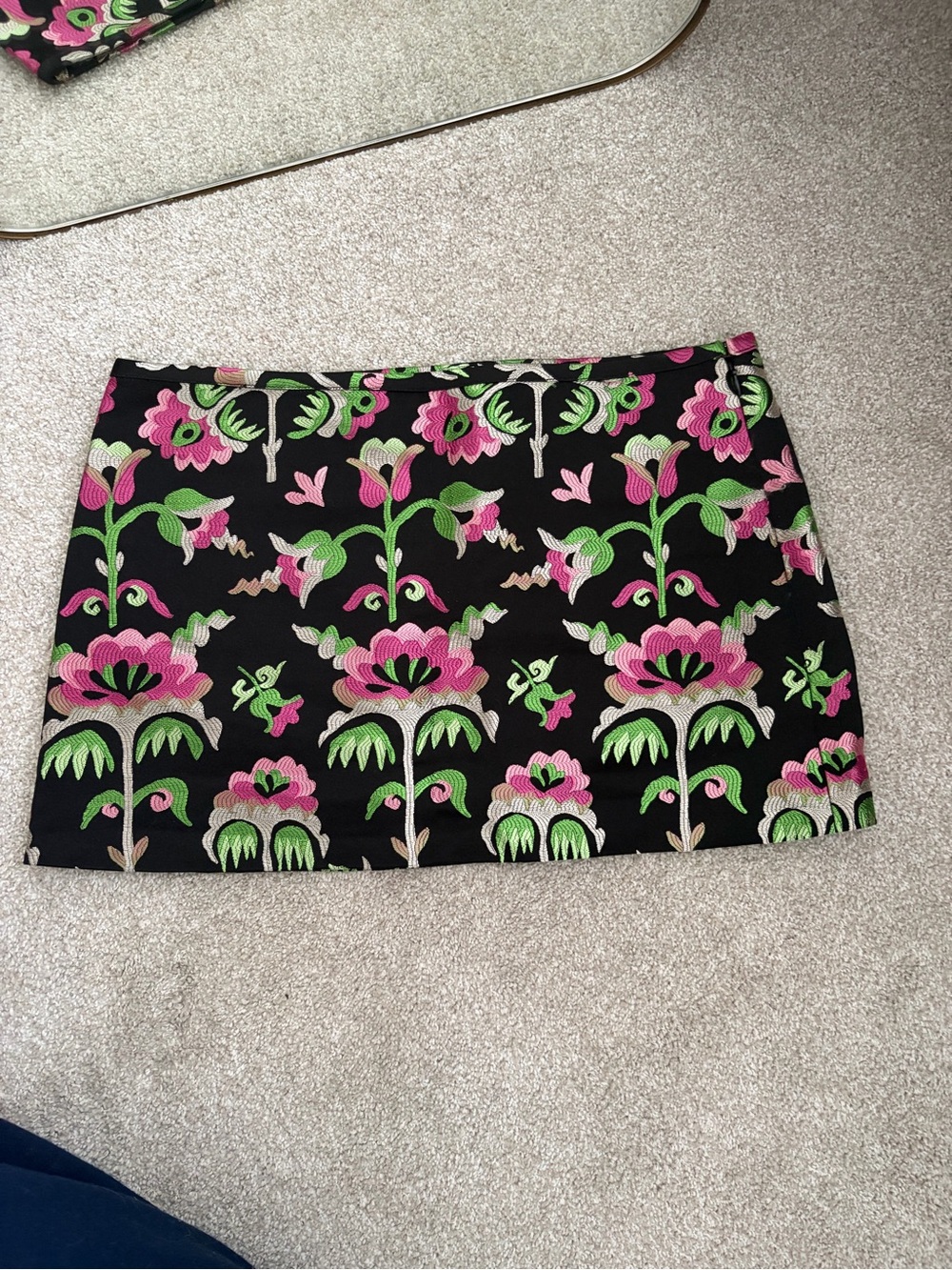 Cynthia Rowley Black Mini Skirt with Pink and Green Floral Jacquard